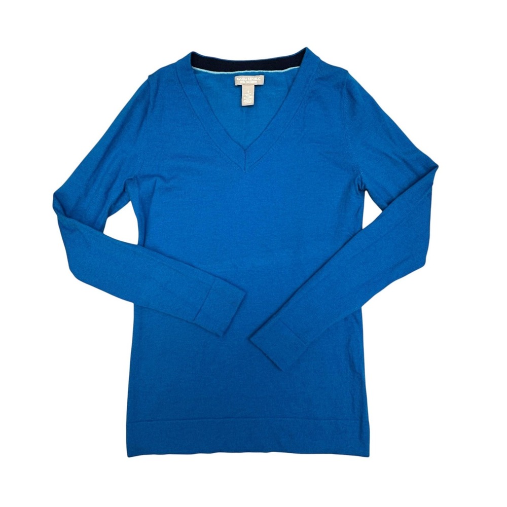 Banana Republic Sweater Womens Small Blue Extra Fine Merino V Neck Pullover Knit